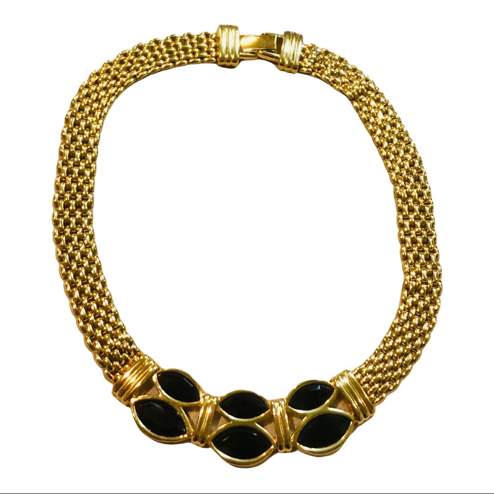 Vtg Swarovski SAL Signed Goldplated Jet Black Crystal Rhinestone Necklace Collar